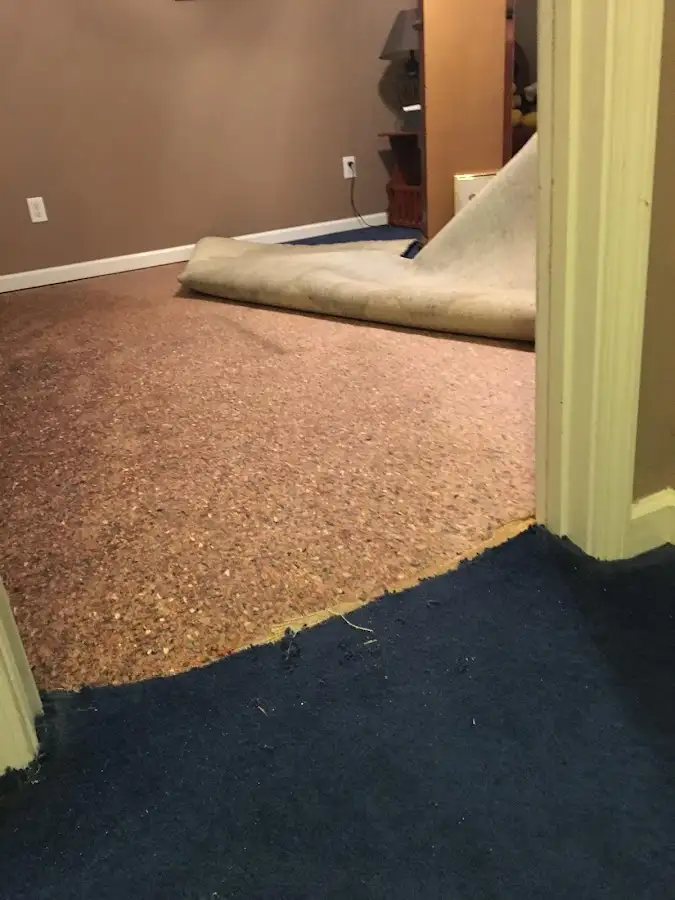 Carpet pad removal revealing water damage during Water Mitigation Services in Nottingham